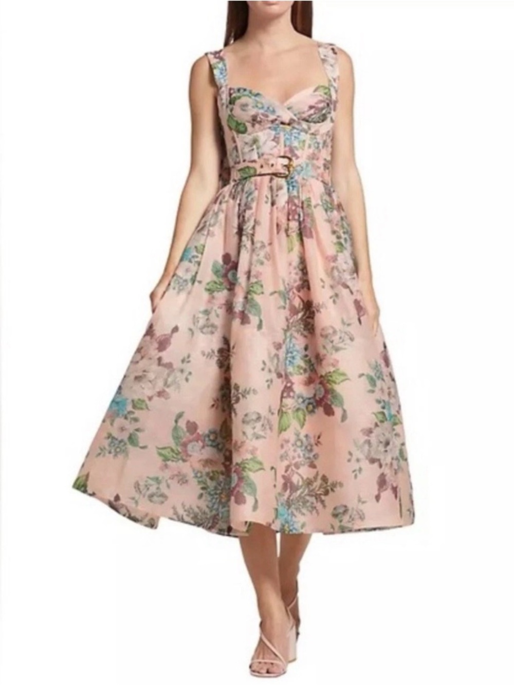 Zimmermann Matchmaker Pink Floral Silk Linen Tie Midi Dress - Picture 11 of 16